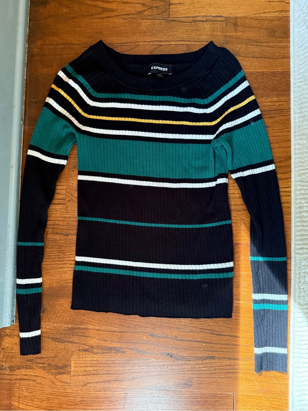 Express Women's Black & Teal Striped Ribbed Sweater